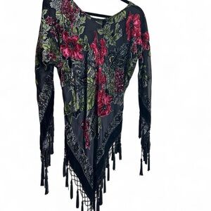 Aris.A Black floral burnout velvet Silk and rayon beaded top